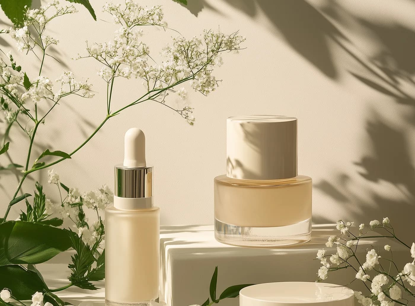 Serum bottle and cream jars among white flowers and leaf shadows