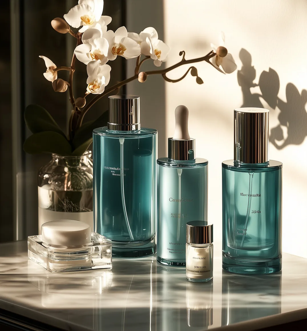 Lumea bottles beside white orchids