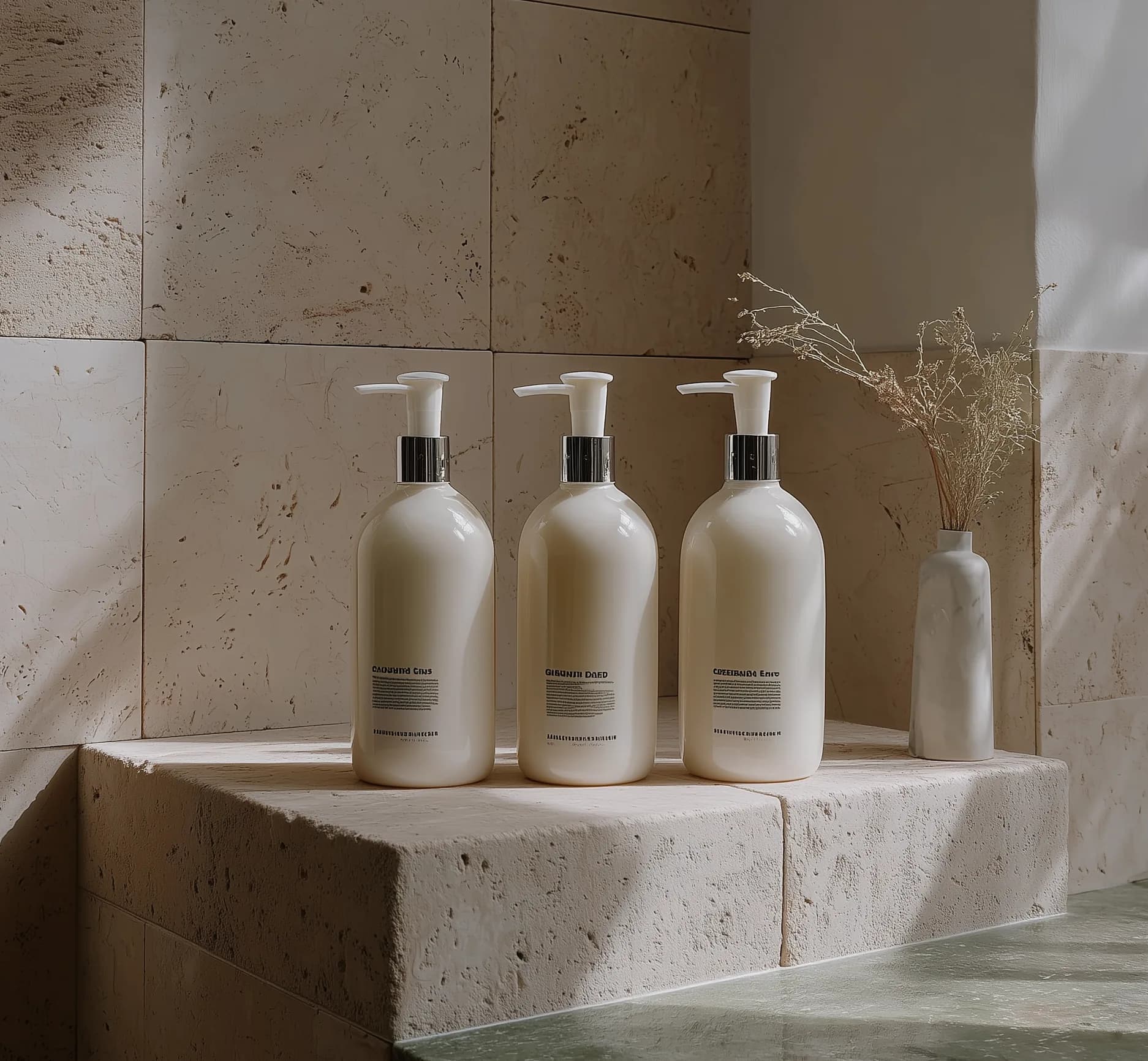 Lumea bottles on a travertine shelf