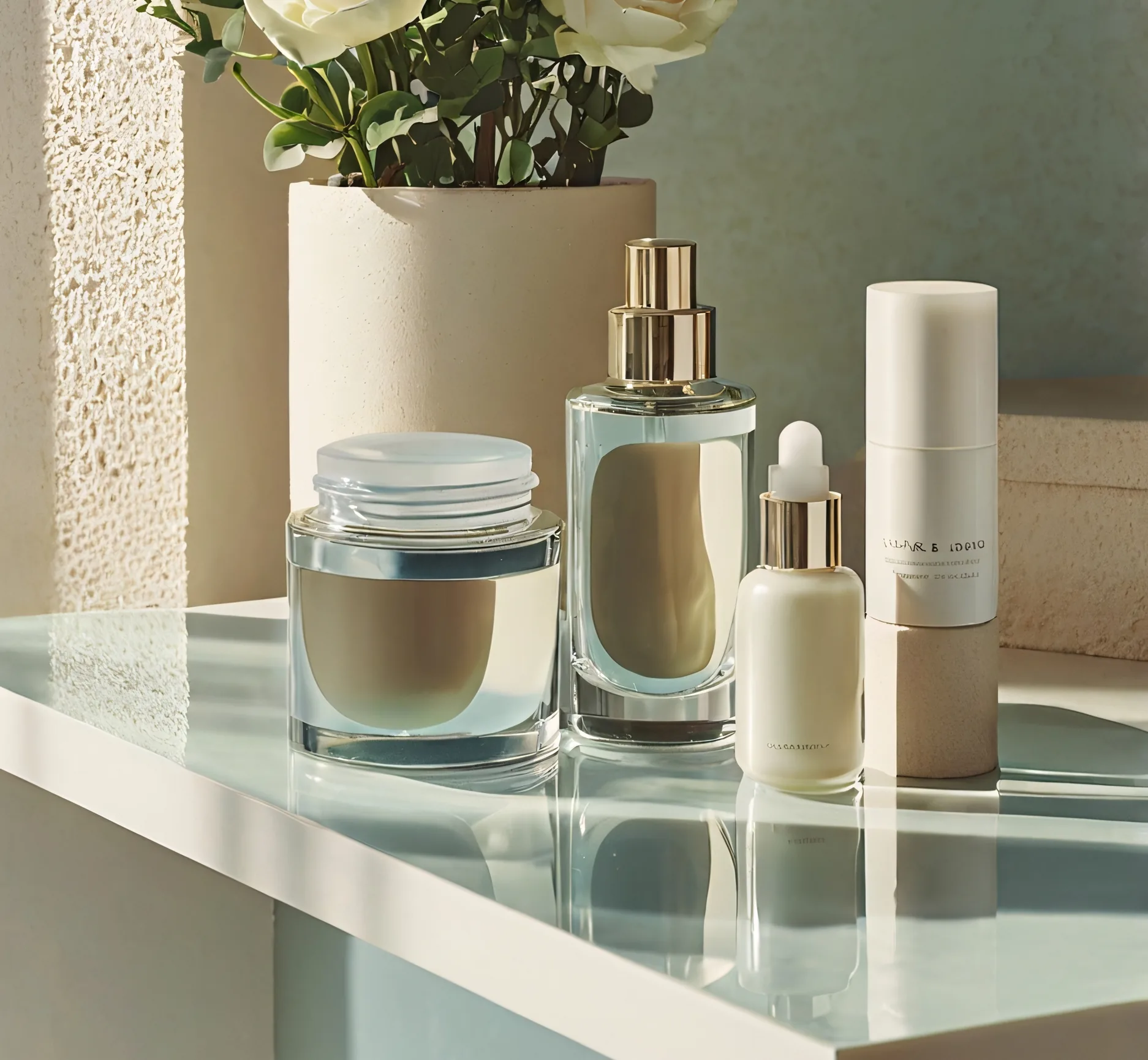Lumea collection on a marble shelf with white roses