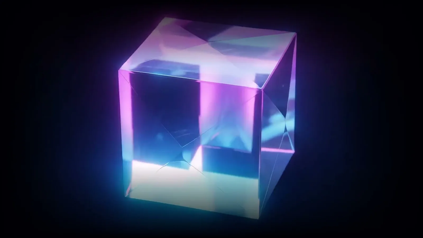 Iridescent glass cube on a dark background